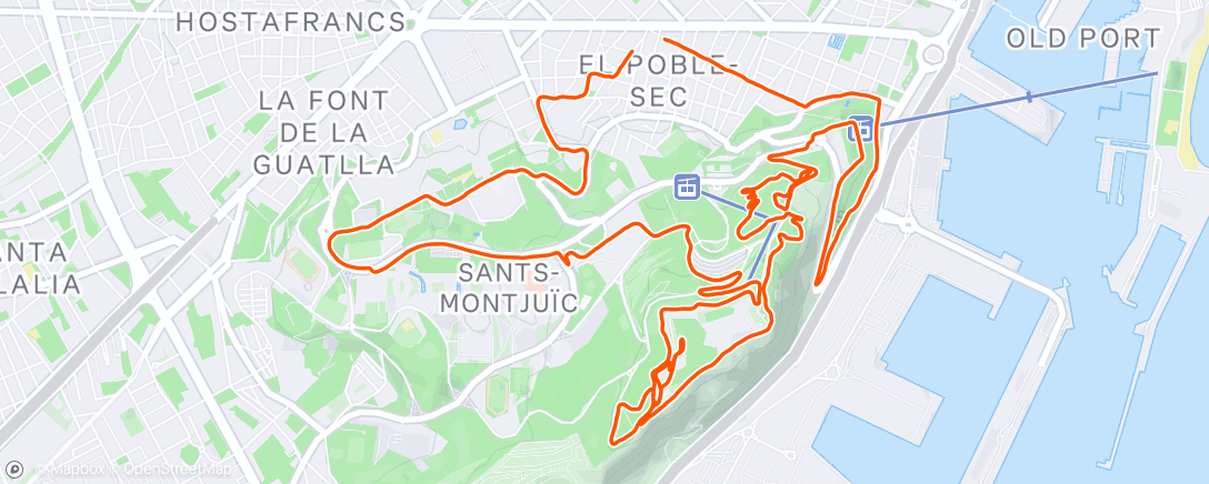 Map of the activity, Easy-pace sunrise run (#1048 of the post-covid era) up and about Montjuic (alternative shorter route). Last run of the year in my “backyard” Barcelona route!