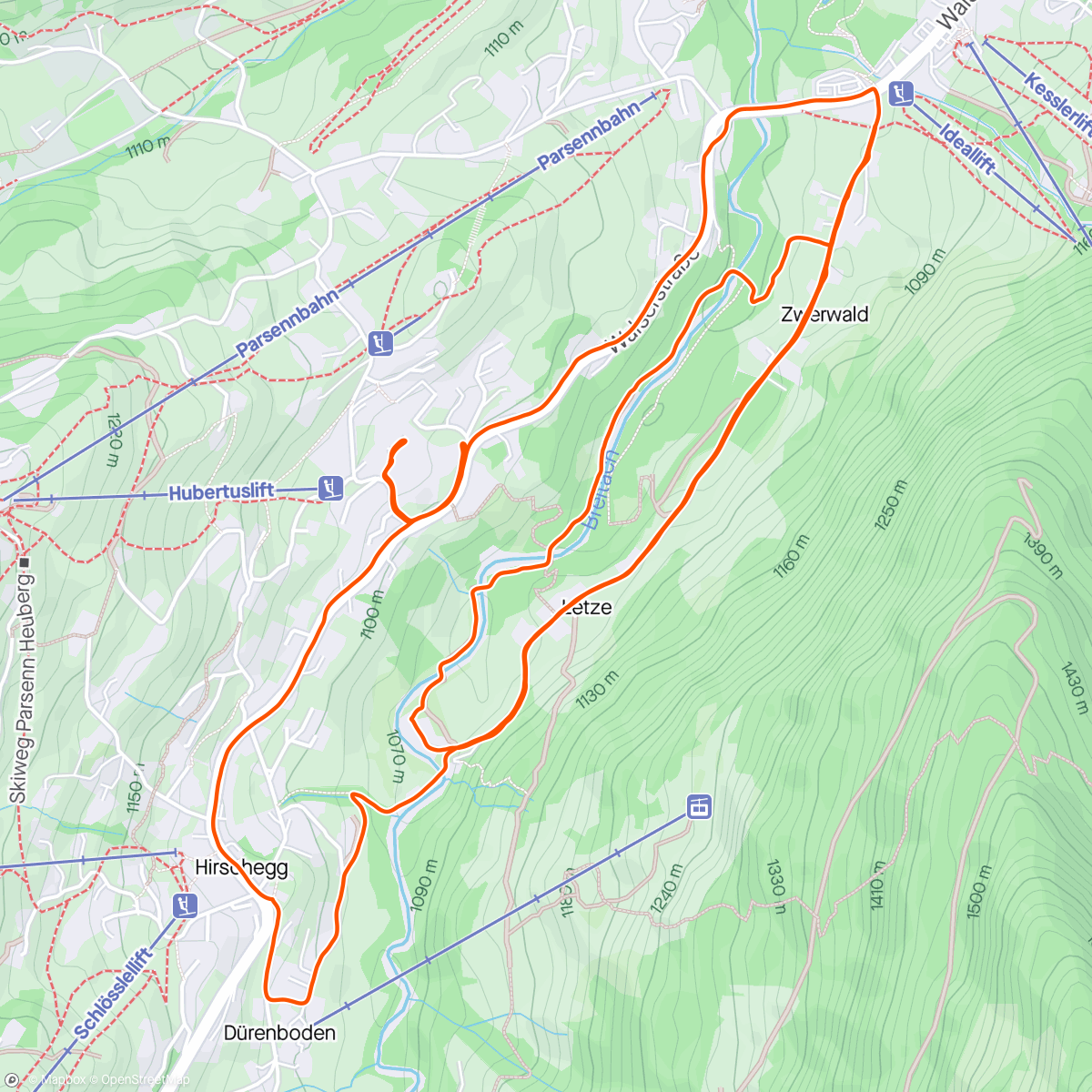 Map of the activity, Mittelberg false winter run
