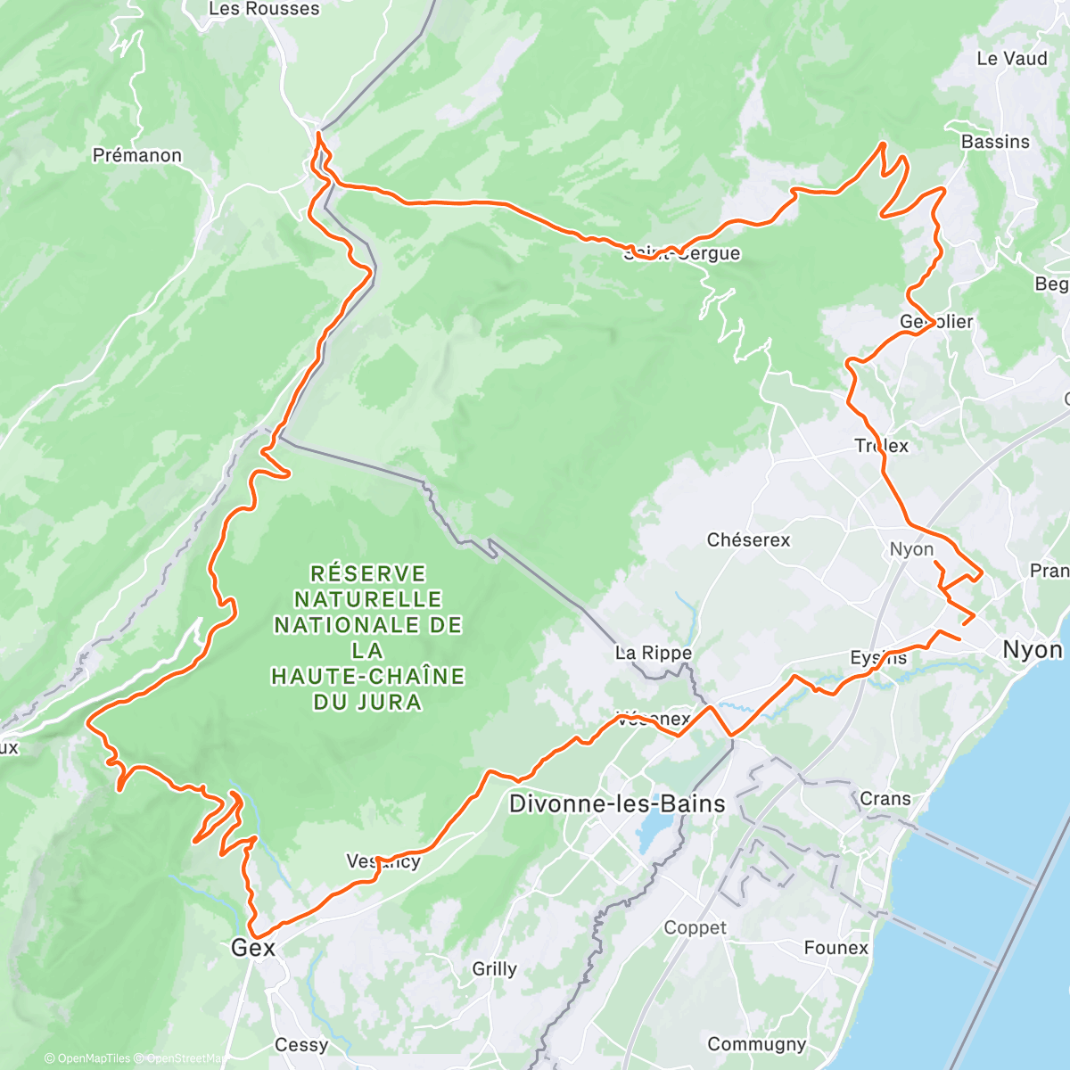 Map of the activity, Arzier-StCergue-LaGivrine-LaFaucille-Gex-Divonne-Nyon
