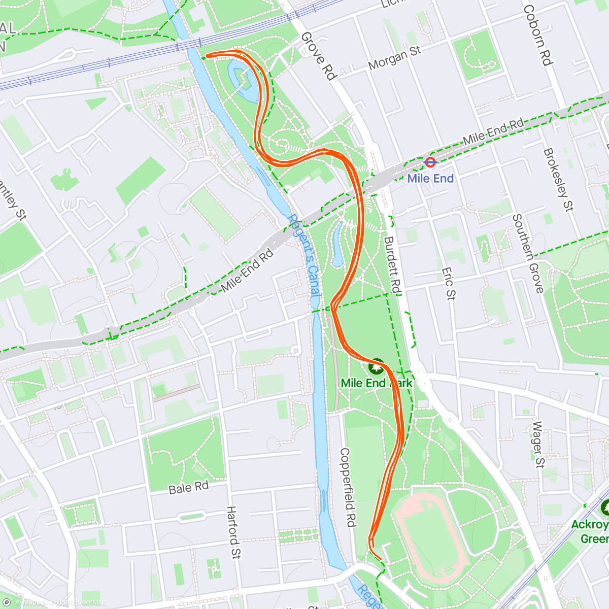 Map of the activity, Mile End parkrun