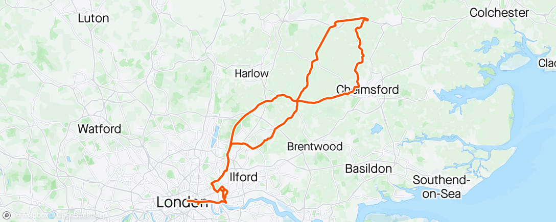 Mapa de la actividad (What a terrific event Ride London - Essex is!  Amongst the 25,000 riders is a huge variation of age, ability, experience, cost of equipment, size and shape, as well as a high proportion of women, a great deal of cultural diversity, quite a few hand cycles)