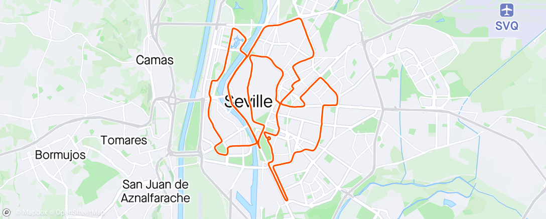 Map of the activity, Seville Marathon SB nearly  sub 3-30 and to warm for the that and my legs are getting old 😂