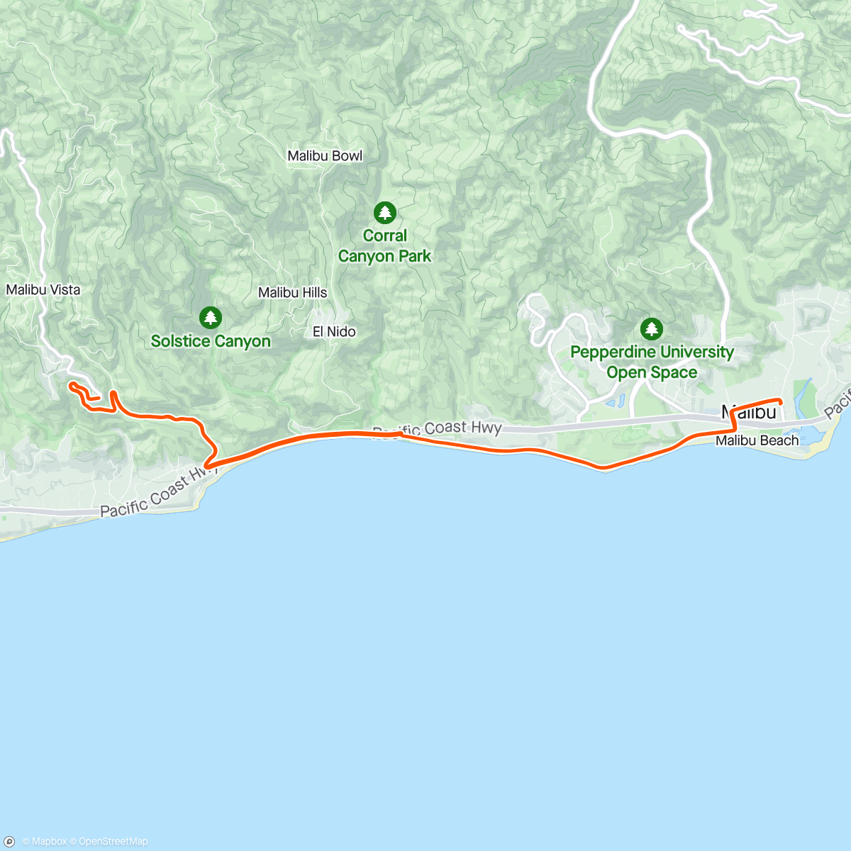 Map of the activity, Pre-meeting out-and-back in Malibu