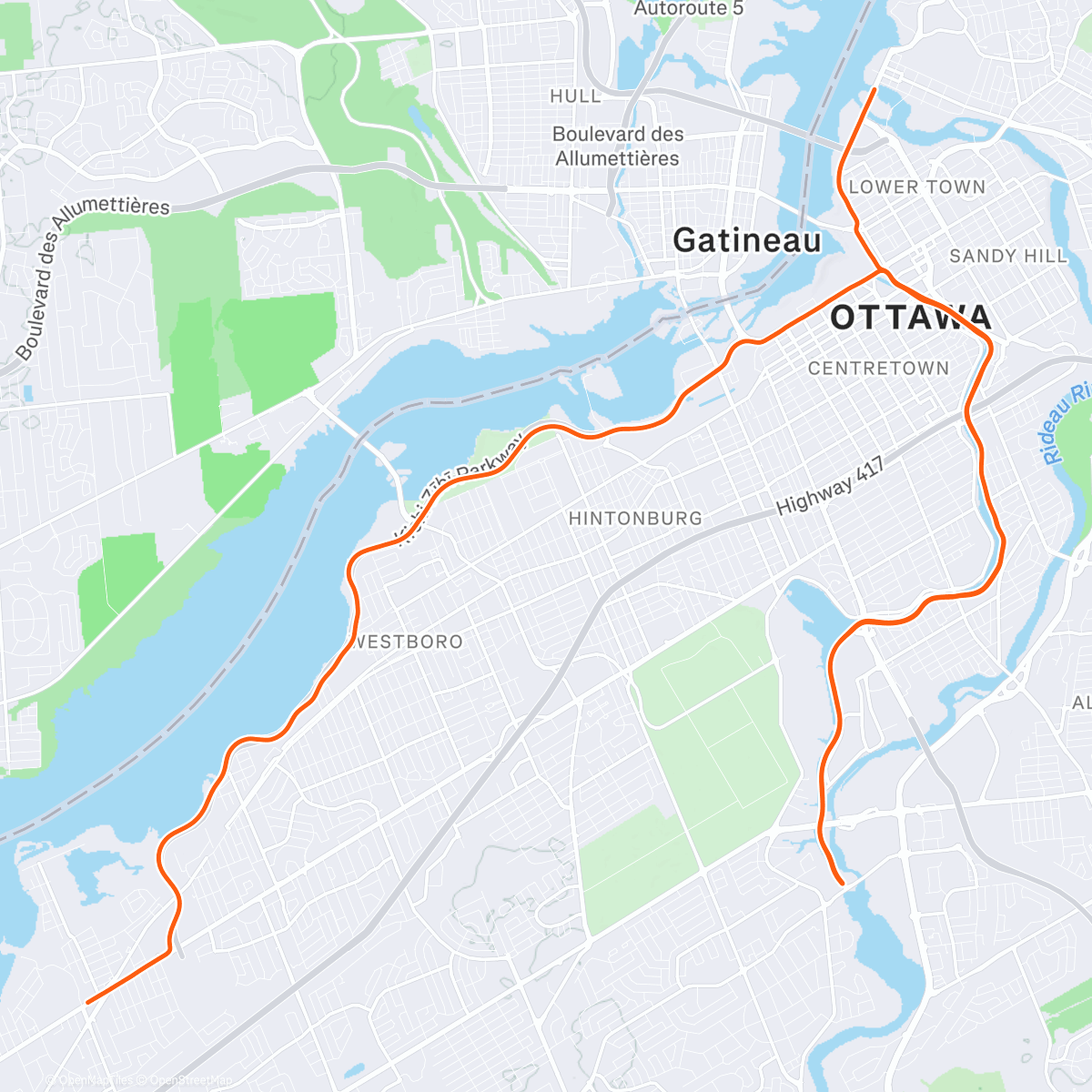 Карта физической активности (ROUVY - IRONMAN Canada-Ottawa 30 KM)