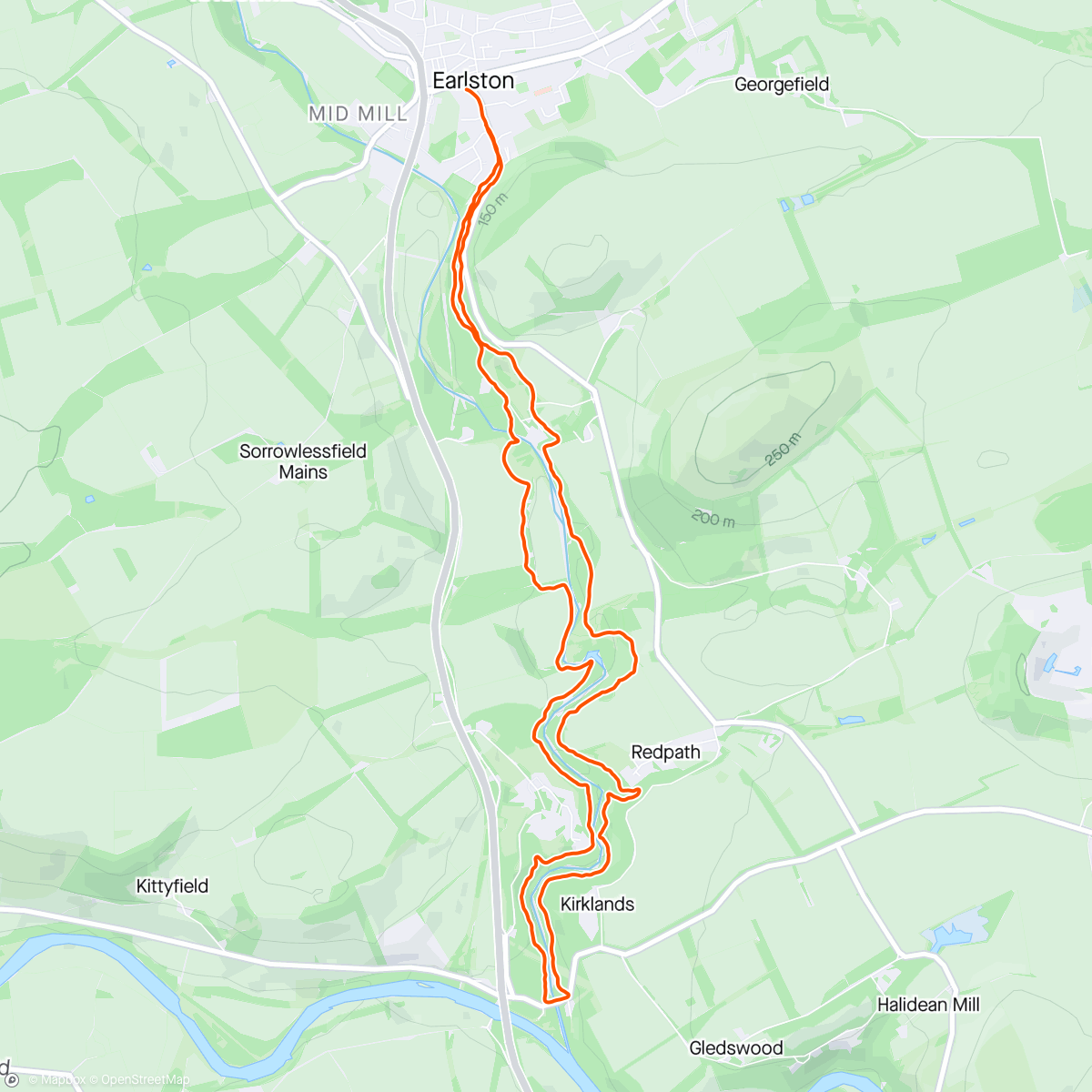 Map of the activity, Rainy run round the Jubilee woodland route from Earlston with Paul and the ever young Jakko!