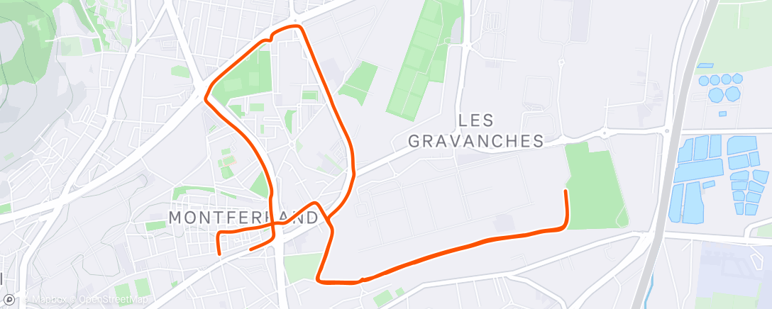 Map of the activity, Séance Collective running shop : 1 000/500/1 000/500/1 000/500/1 000 allure 3’26 récup 200 et 150m 👌🏻🩵🧡