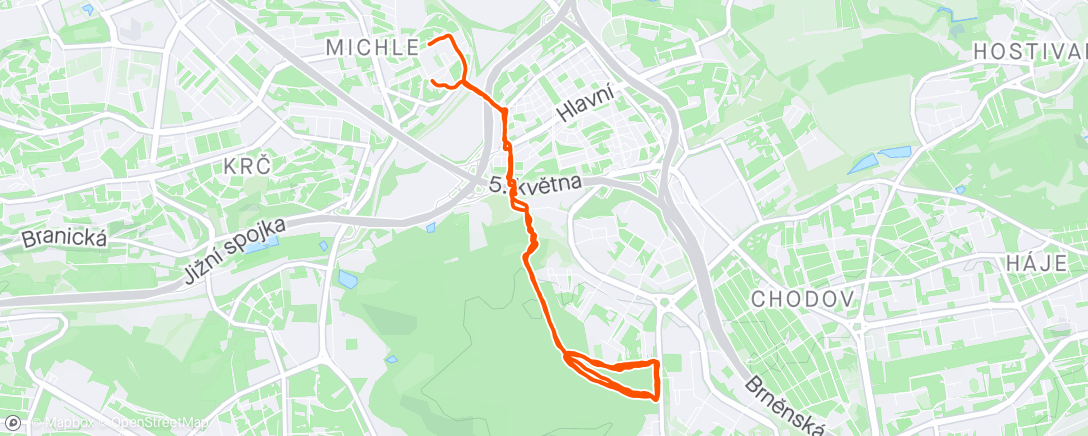 Map of the activity, 6 km (3 okruhy) v Krčském lese stupńované tempo (9:08/8:42/7:46)