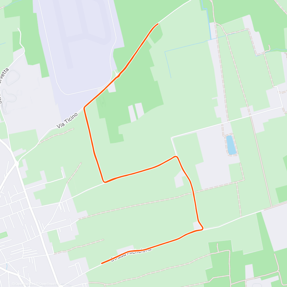 Map of the activity, 14 km run with 2x 4 km at 4’:15”/km with 1 km recovery at 5’:00/km