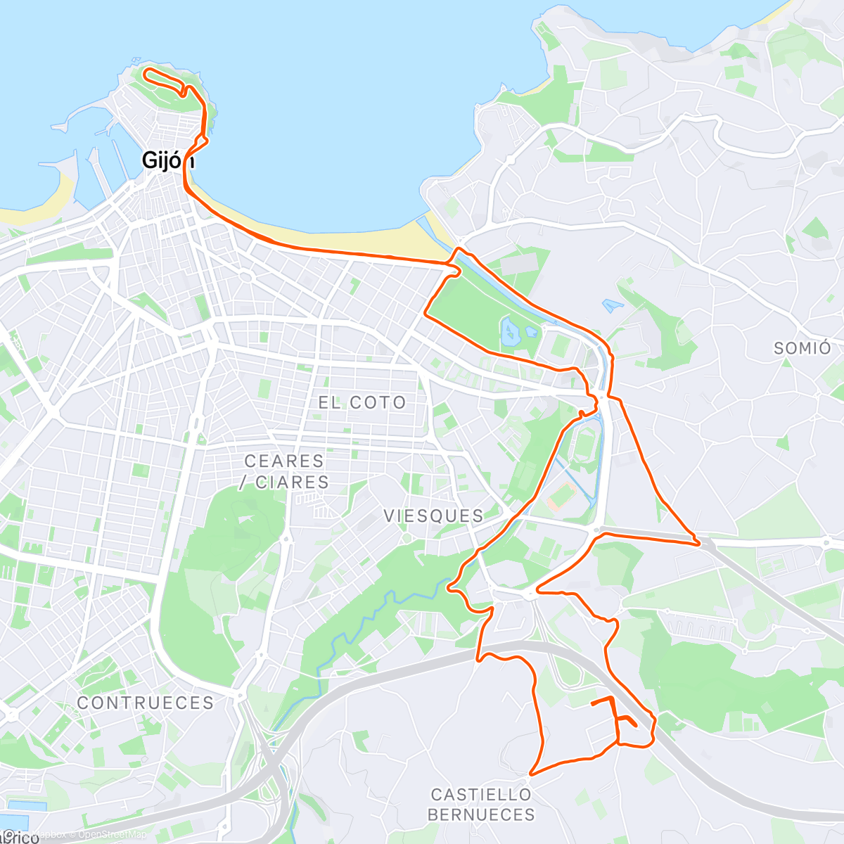 Carte de l'activité Recovery-pace run  (#1050 of the post-covid era)  from Bernueces towards the western end of the San Lorenzo beach & up to Cimavilla and the “Elogio del Horizonte” & back..