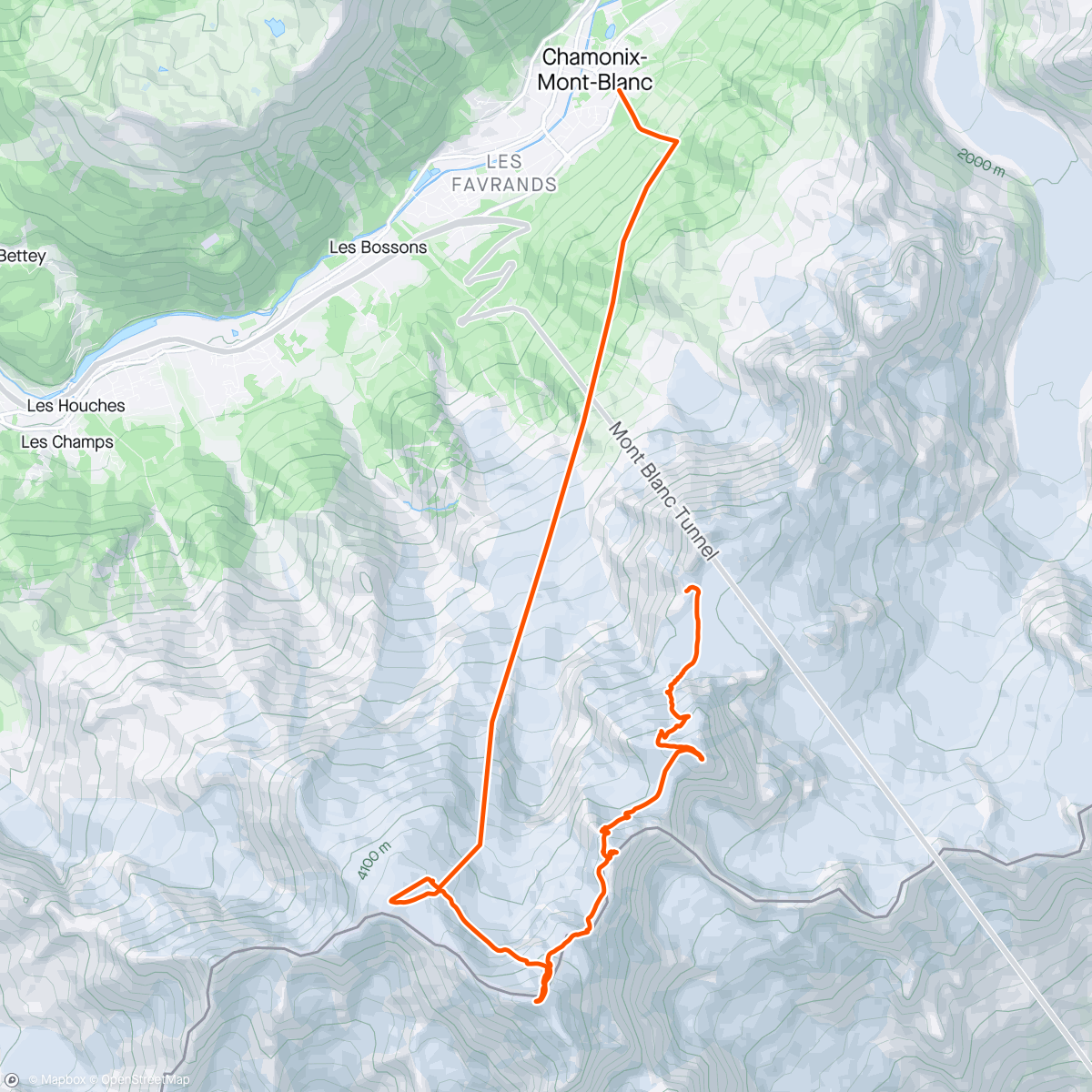 Map of the activity, Tacul, Maudit, Mont Blanc, Gouter > fly straight down to the van in Chamonix