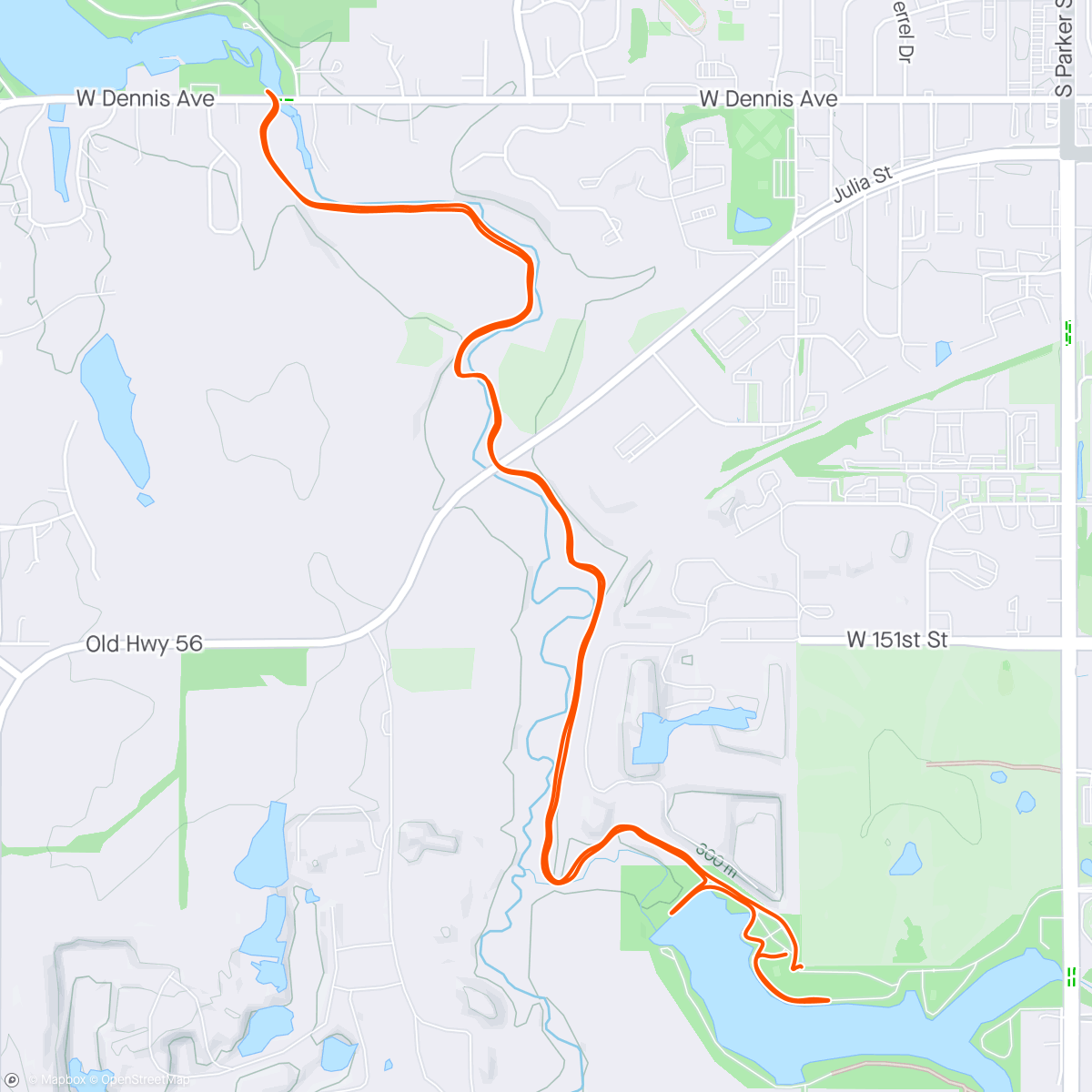 Map of the activity, Morning Run from Cedar Lake to Lake Olathe ❤️