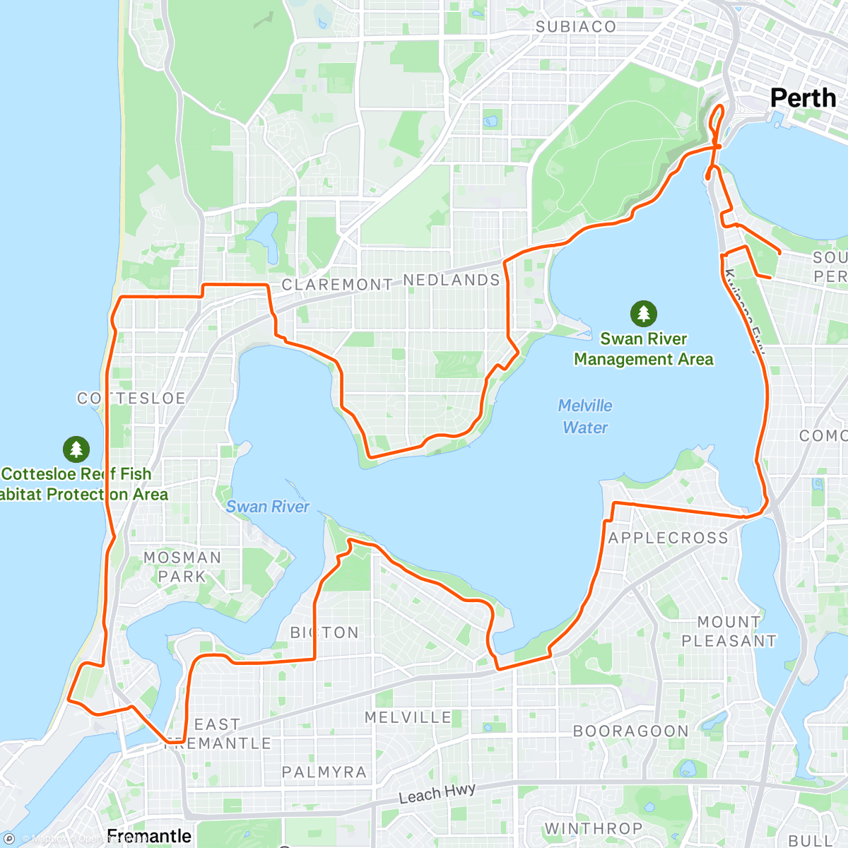 Map of the activity, Perth Ride Around the bay. Aus National champs week.