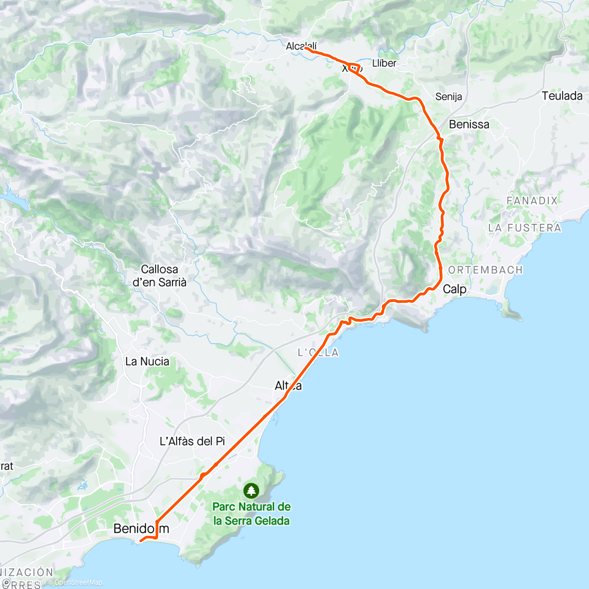Map of the activity, Benidorm-Benisa-Alcalali-Xalon-Benidorm