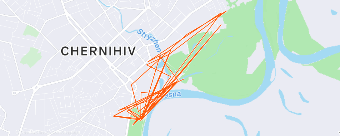 Map of the activity, Лижі, 29 хв, приблизно 5 км. Тренування під час тривоги. GPS заплутує шахеди заодно і STRAVA