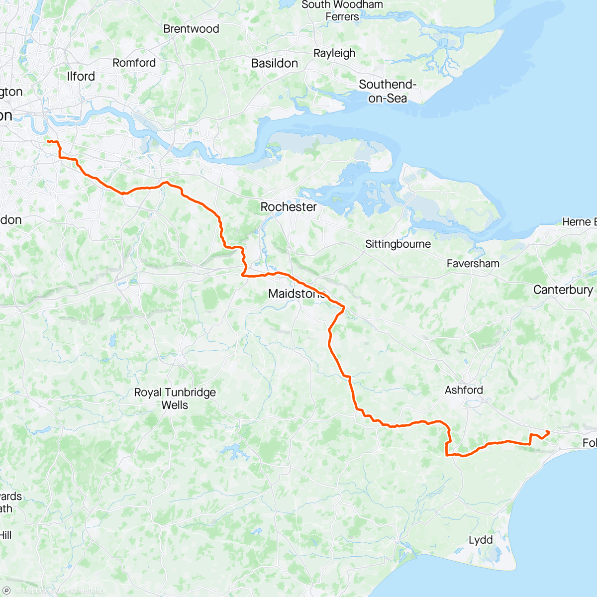 Mapa de la actividad, London to Paris - Day 1 - Greenwich to Folkestone.