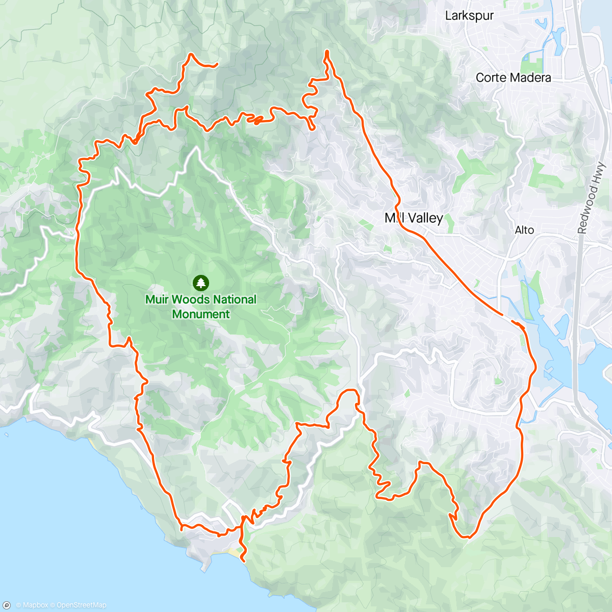 Map of the activity, A great birthday ride and even had time to grab some glass at Muir Beach.