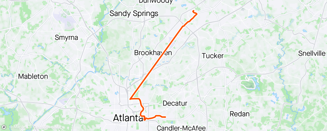 Map of the activity, Peachtree Corners to Atlanta ride