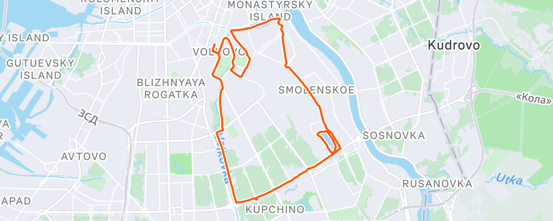 Map of the activity, Run. St Petersburg / Volkovo, Kupchino, Nevsky Overpass, Carrière Ivanovsky, Shchemilovka, Sedov Street, Glass Town, Obvodny Canal, Navalochnaya Railway Station/ Волково, Купчино, Невский путепровод, Ивановский карьер, Щемиловка, улица Седова, Стеклянный 