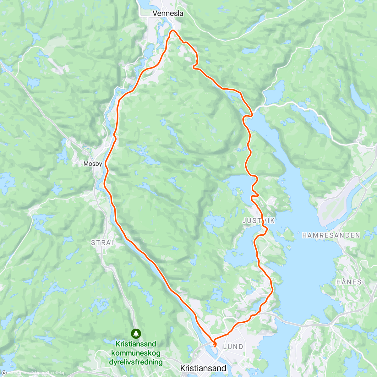 Mapa da atividade, Vennesla og Ålefjær på en frædda🚴🏾‍♂️🚴‍♀️