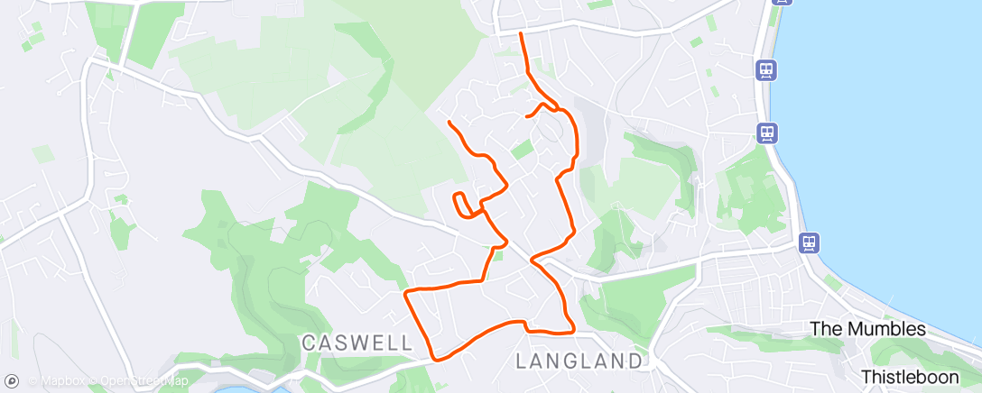 Map of the activity, Easy paced local run after work. Bit undulating