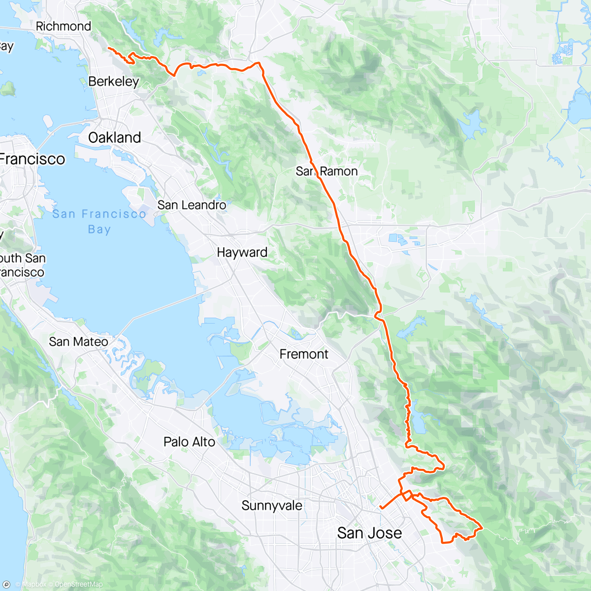 Map of the activity, Tom and I were  planning a longer ride, but had time constraints, so we did a short ride (part 1) - Kensington/Calaveras/Felter//Quimby/bart