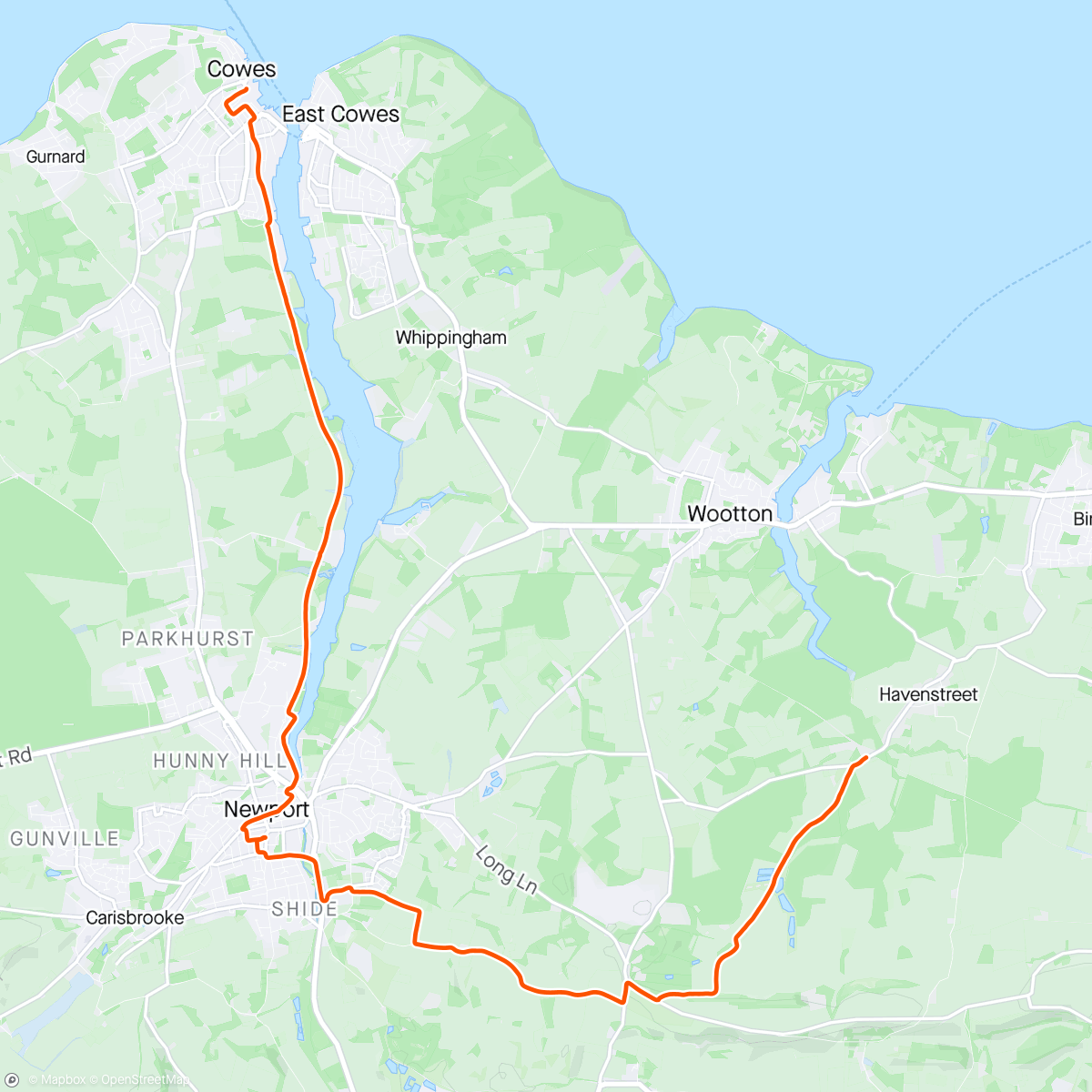Map of the activity, From the railway, via the old railway to Cowes