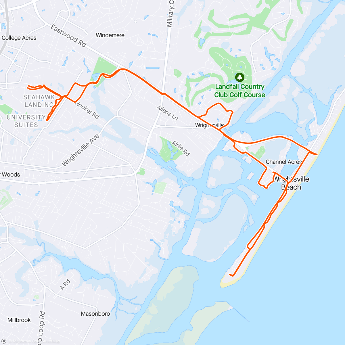 Map of the activity, Fat Tire UNCW Trails to Wrightsville Beach Rdide