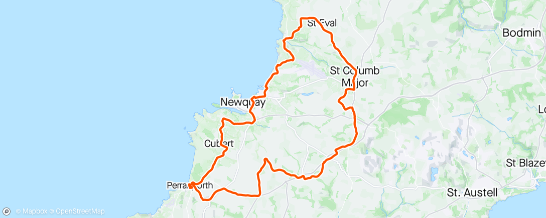 Mapa de la actividad, Early...ish start for a chilly ride out.... bit of a wind too... quiet out on the route which was nice... Best ever banana bread at Muddle n Press mawgan porth cafe...lush coffee too.