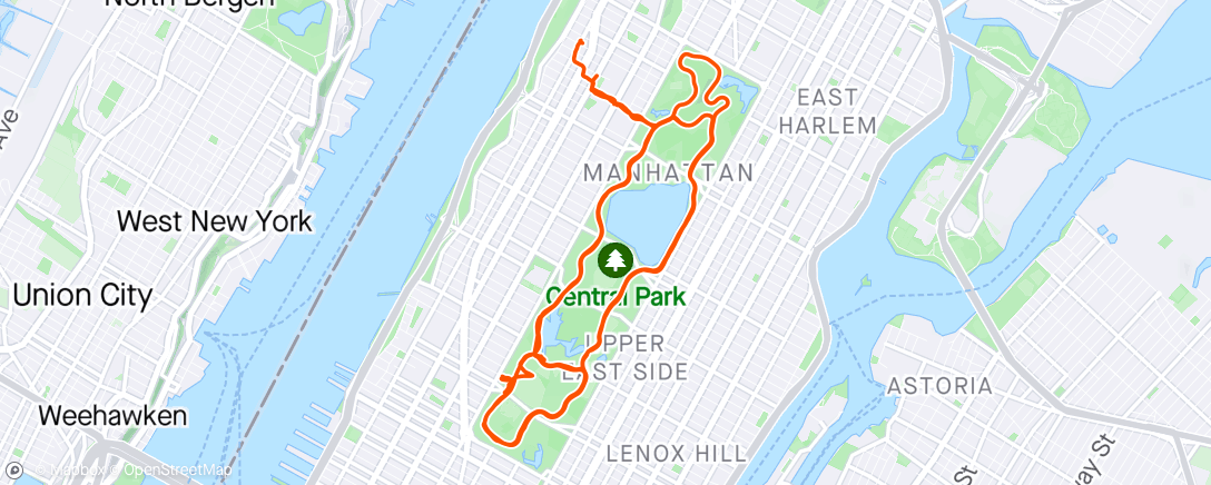 Map of the activity, 🍁Central Park Track Club Fartlek🍁 6 mile warmup, 5 min/4/3/2/1 x2 with 1 min jog between reps and a 3 min jog between sets.  (6:29/6:20/6:14/6:23/6:03 & 6:17/6:18/6:18/6:02/5:57) and cool down home.