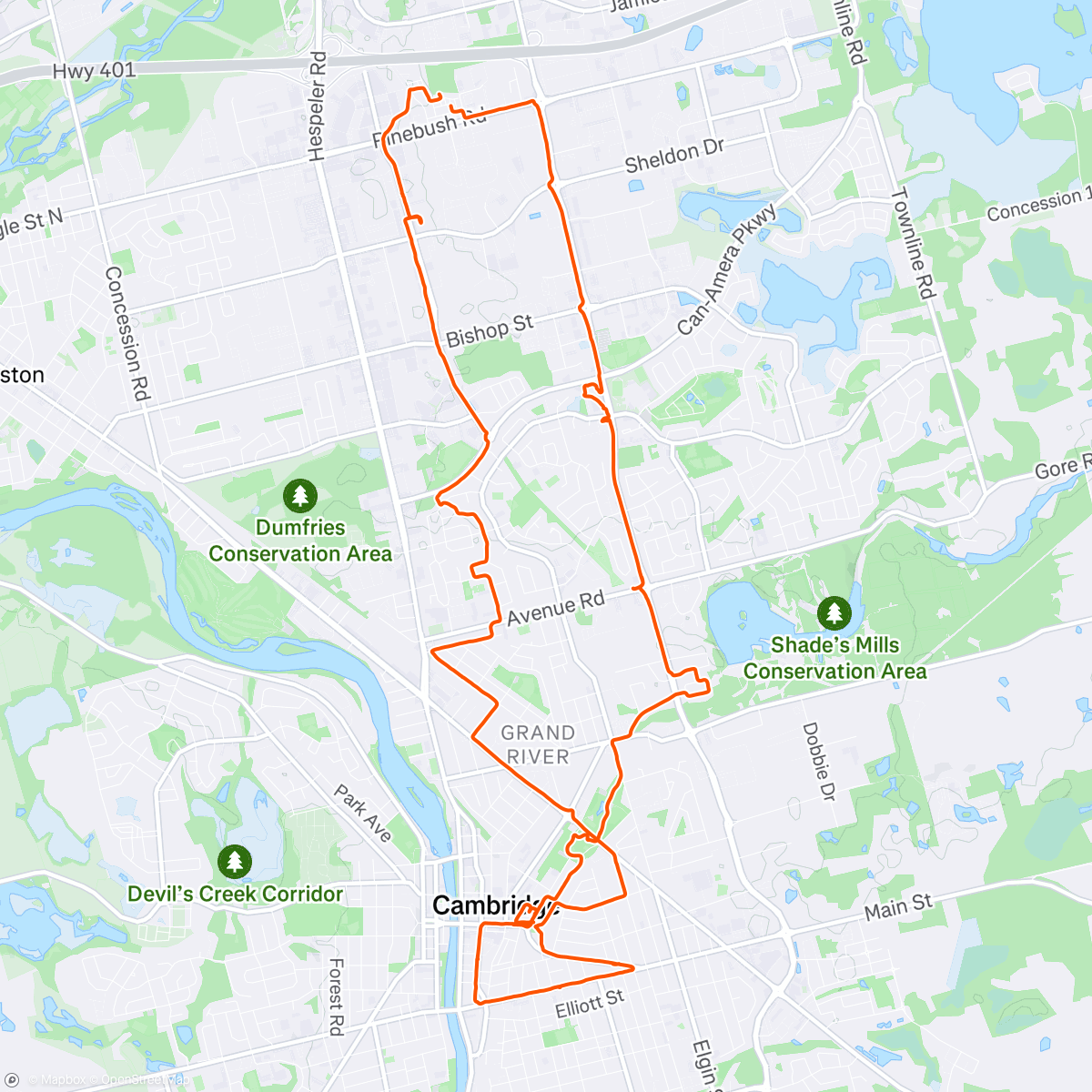 Map of the activity, Evening Ride - North - Central Cambridge through to Central Galt - City Core (South)