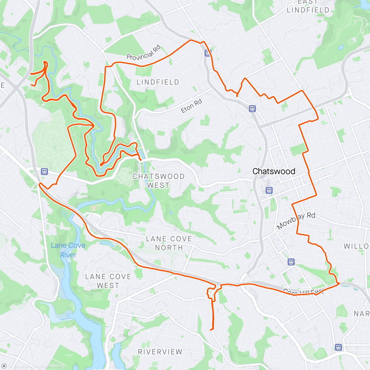 Map of the activity, Long way to Lane Cove NP and home, finishing with an Apero Spritz and Truffle Parmesan chips.