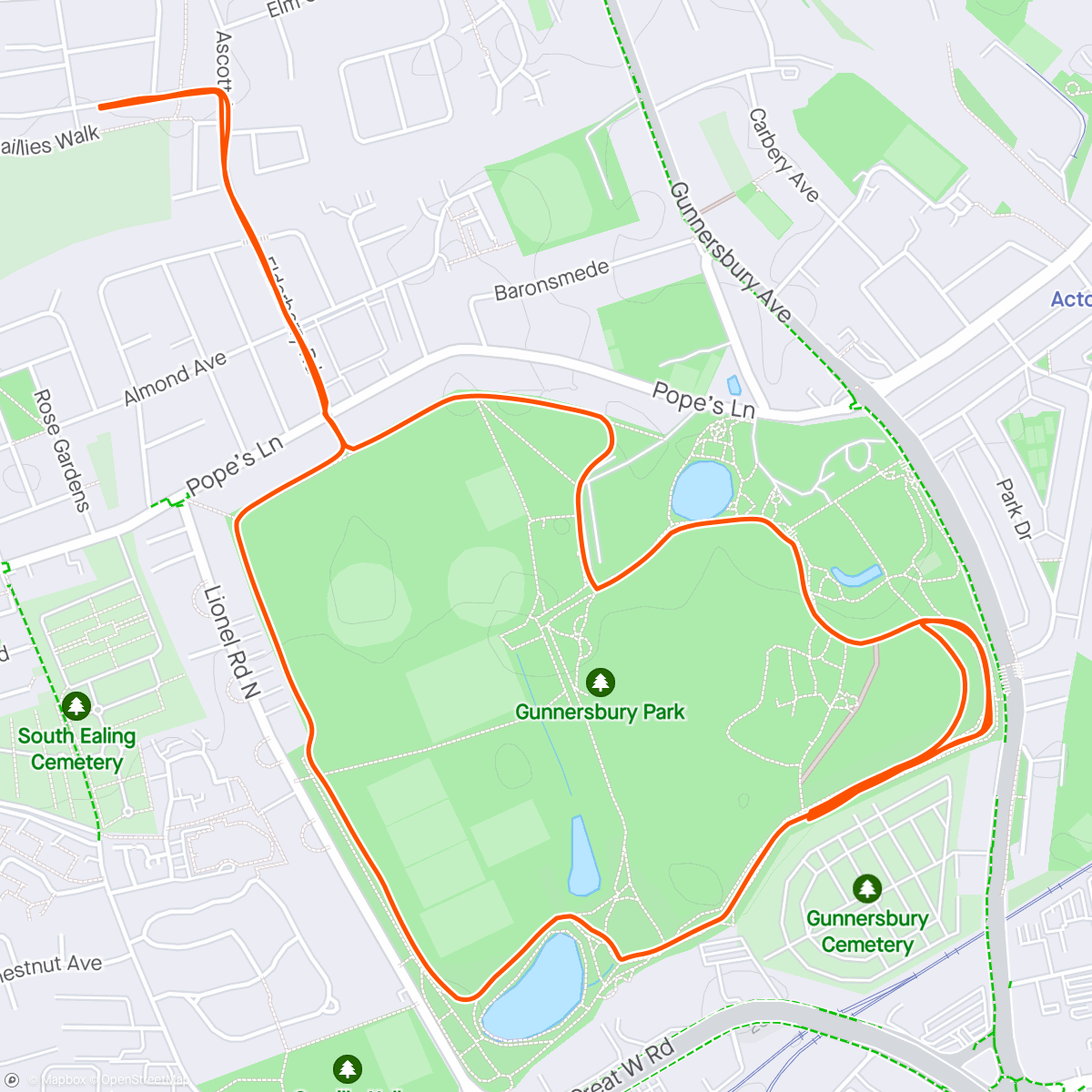 Map of the activity, Gunnersbury park loop. Nearly Pammie's route, but not quite. Mostly continuous running with just the odd 45 sec walk.