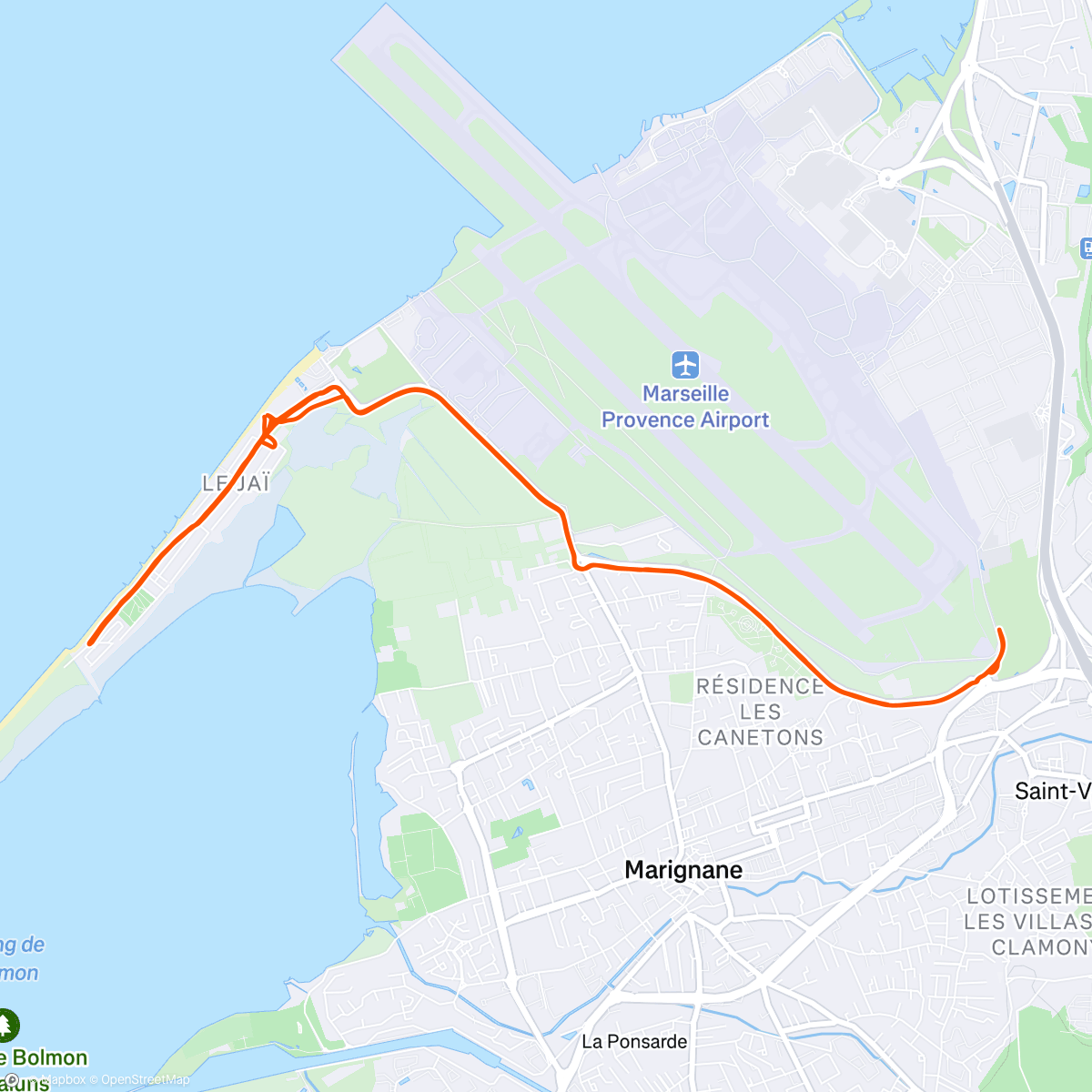 Map of the activity, 5x35s +4x2’+6x1’+5x30/30 moyenne 2:55/km