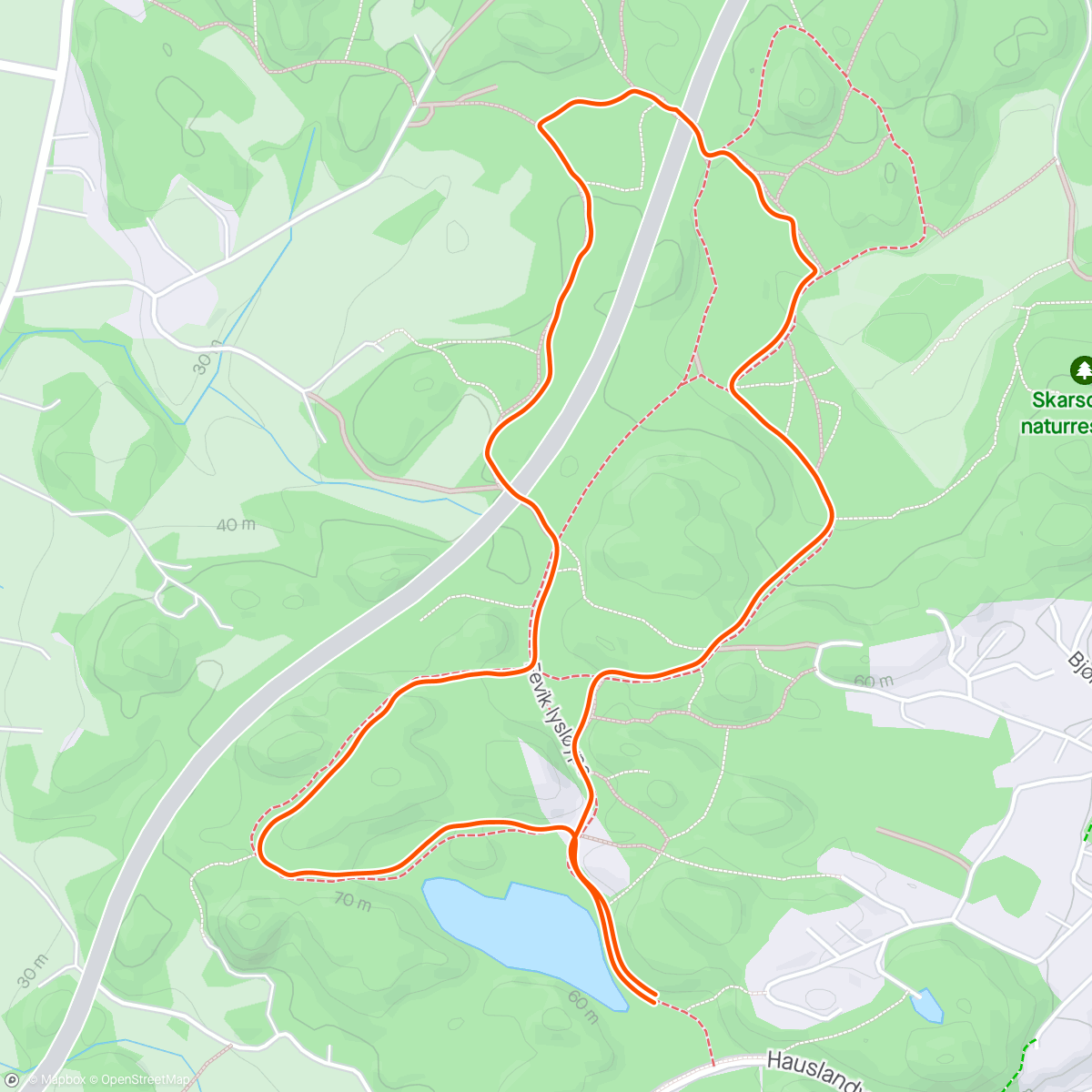 Map of the activity, Terrengkarusselen løp#3 Hausland - kort løype onsdag morgen pga lagtempotrening sykkel under fellestarten. Kona gjennomførte samtidig😊👍