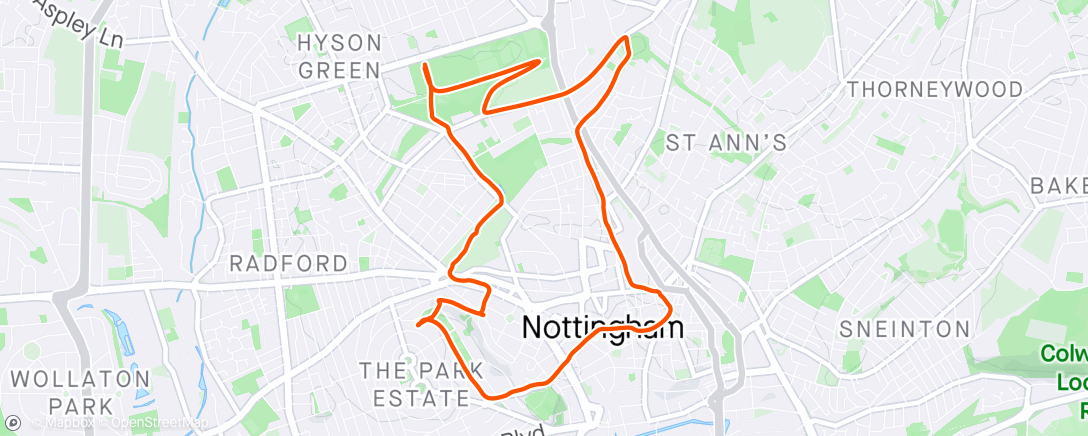 Map of the activity, Evening run around Notts taking in the sights - GPS playing up too