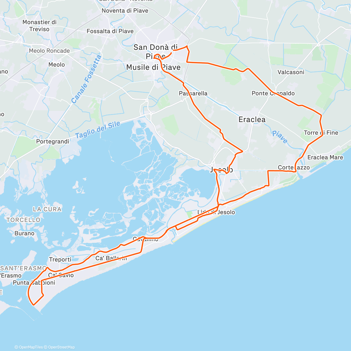 Map of the activity, San Donà di Piave - Passarella - Cá Pirami - Jesolo Lido - Punta Sabbioni - Cá Ballarin - Cavallino Treporti - Jesolo Lido - Cortellazzo - Torre di Fine - Isiata - San Donà di Piave