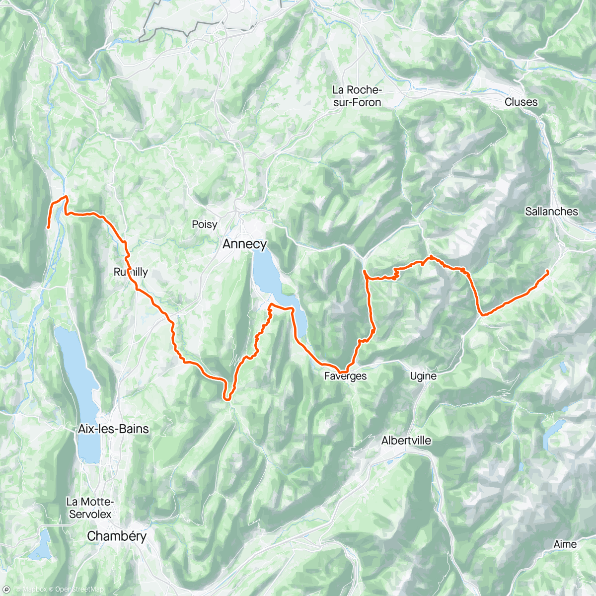 活动地图，🚲 Megève - Anglefort par Col des Aravis, Col de la Croix Fry, Col du Marais, Côte de Puget, Col de Leschaux