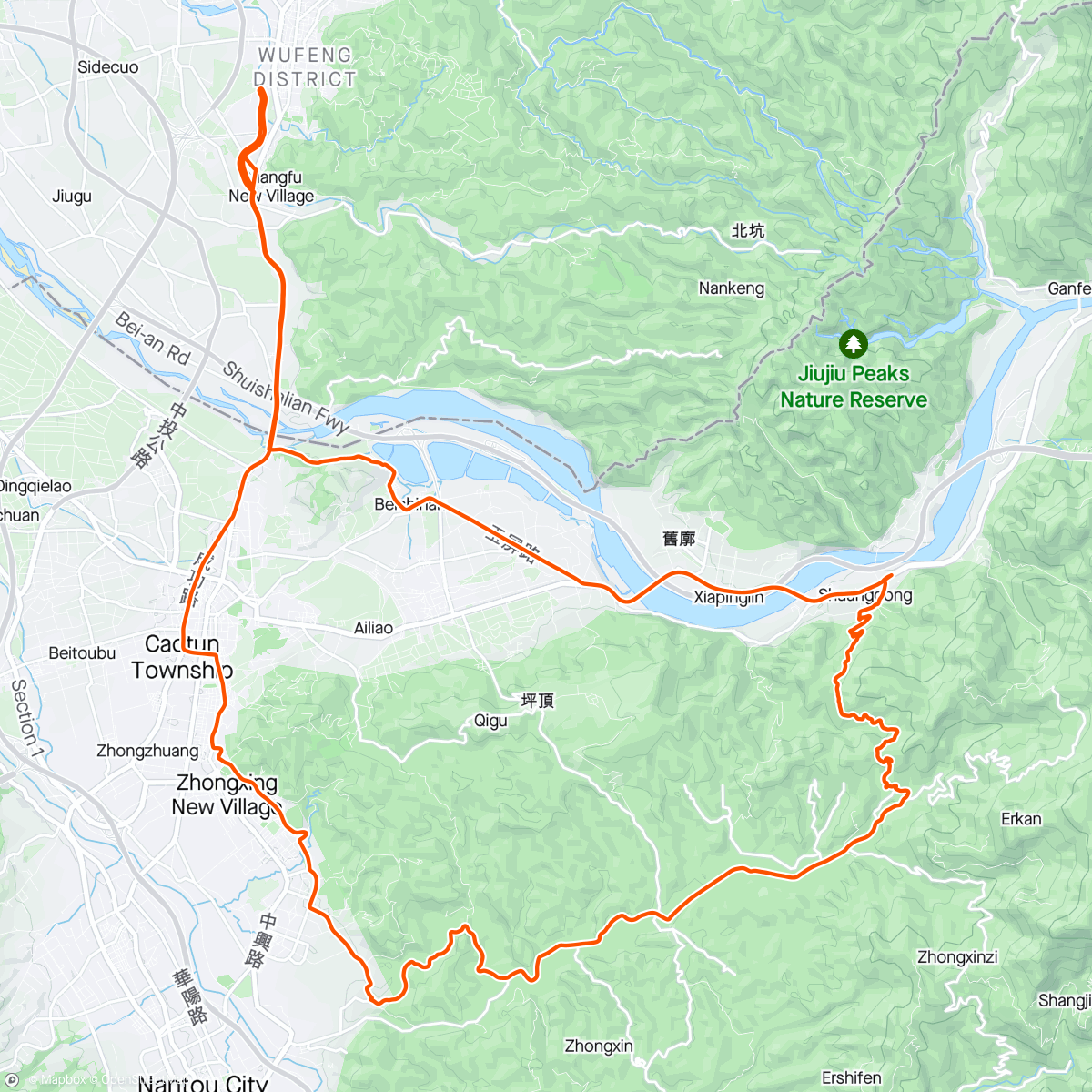 Map of the activity, Zhongliao loop, rain...(new rear tire on Look at 13820km)