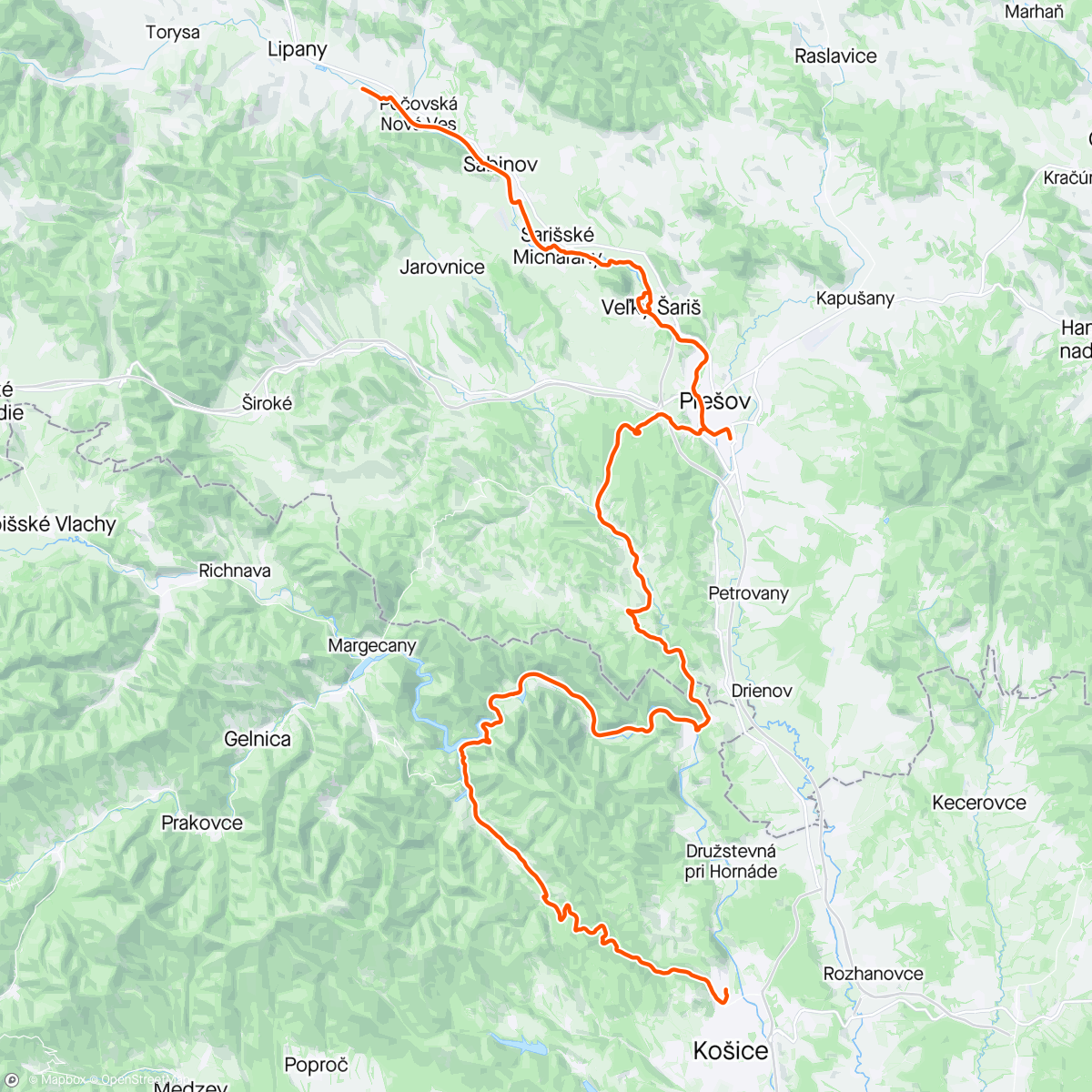 Map of the activity, Prešov‐Rožkovany‐Prešov‐Cemjata‐Kysak‐Ružín‐Košická Belá‐Čermeľ