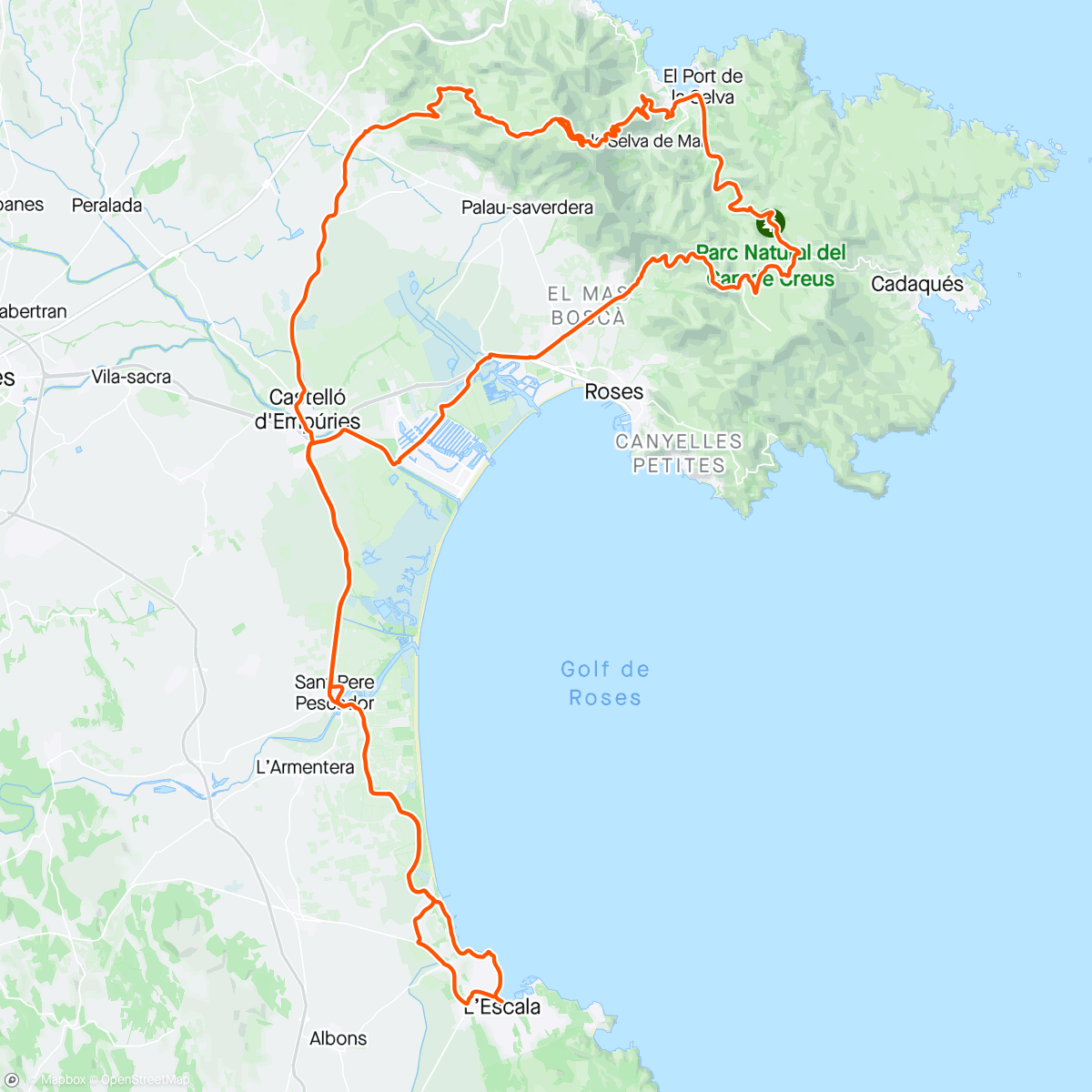 Map of the activity, Road L’Escala-St.Pere de Rodes-L’Escala amb en Dani i el Crack de l’Arnau