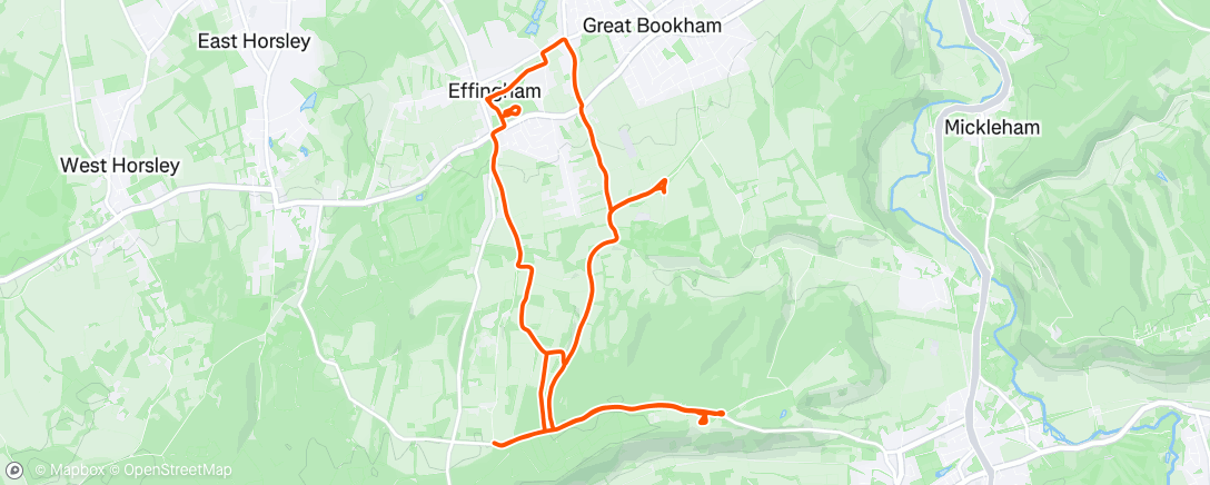Map of the activity, 01/10/2023 Effingham & Ranmore - another very hilly Mole Valley run but getting ever closer to 100%. Hard work on tired legs after golf and left "ankle" bit sore again but good miles and 57 for week - not bad for an aspiring reborn 800m runner :)