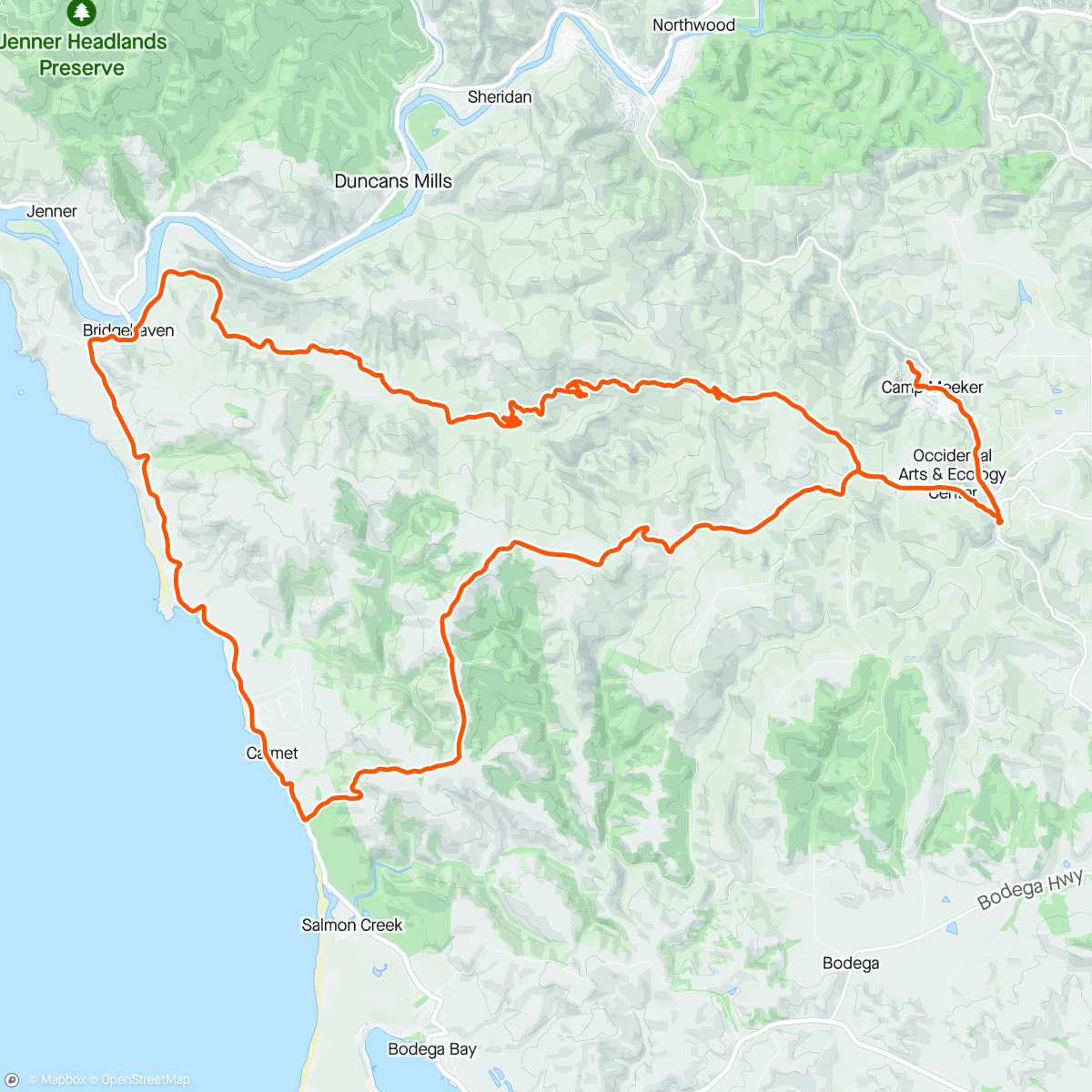 Map of the activity, About as good as it gets for 30 miles - Willow Creek, southbound on 1, and Coleman Valley