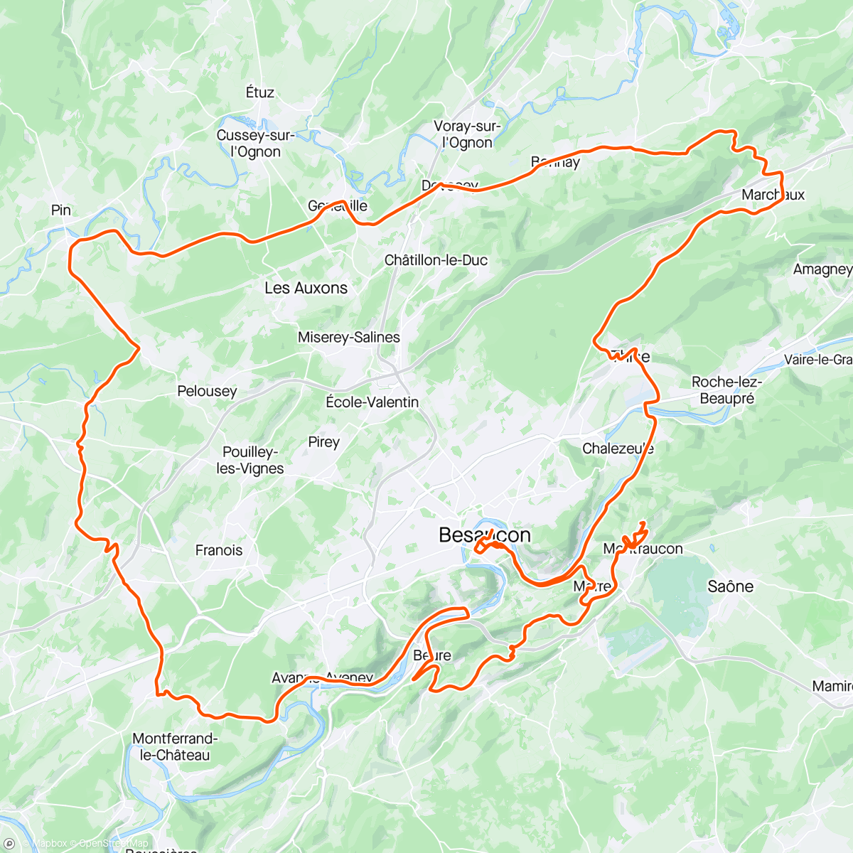 Map of the activity, Flèche Bisontine 90km 3h39 sous un temps dantesque vent pluie grêle pendant 2h30 🌧️🌨️💨 retour au calme sur Besançon 10km 😤🫣😄