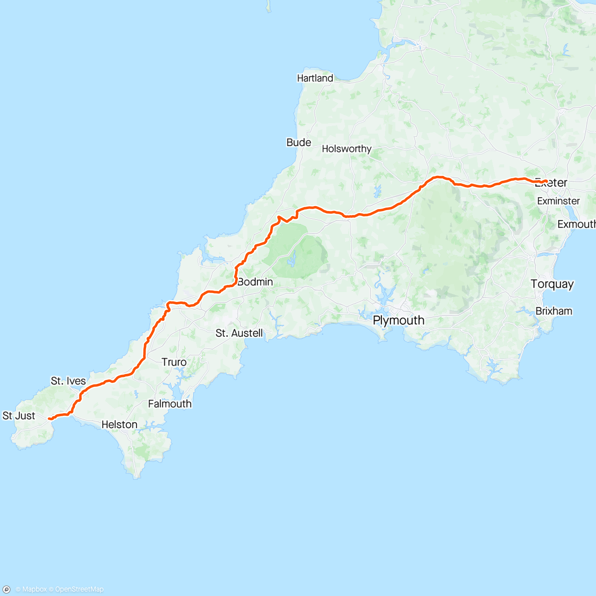 Map of the activity, Penzance - Exeter: LLEL route without A-roads