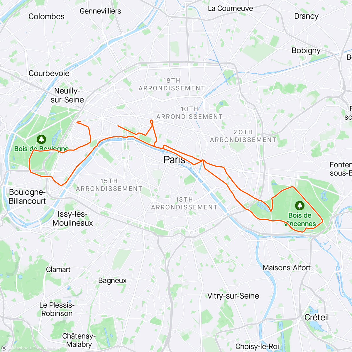 Map of the activity, Paris marathon - the HR says it all, full chill out, right calf started / wanted to give up at 23 so stopped for a bit to stretch, other than that just super chilled