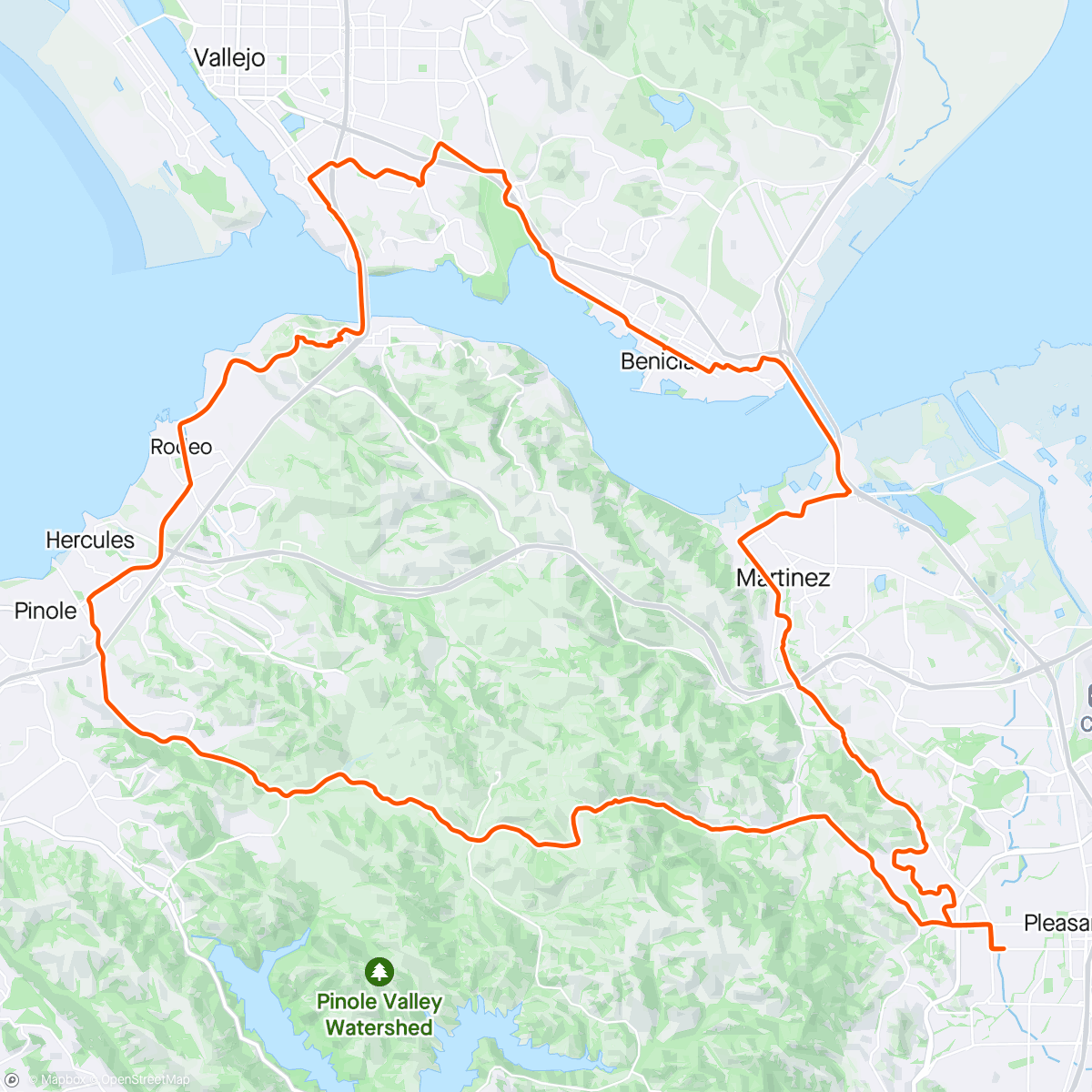 Map of the activity, Bay front loop with a One House stop in Benicia