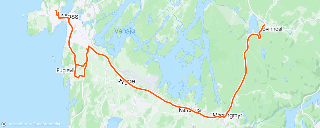 Map of the activity, MossCK-30 min ov,3 lagtempodrag i Våler, rulle hjem og 20 min nedkjøring-topp økt💛🥳🖤(..liten protest øverst i ribbeina😅..)