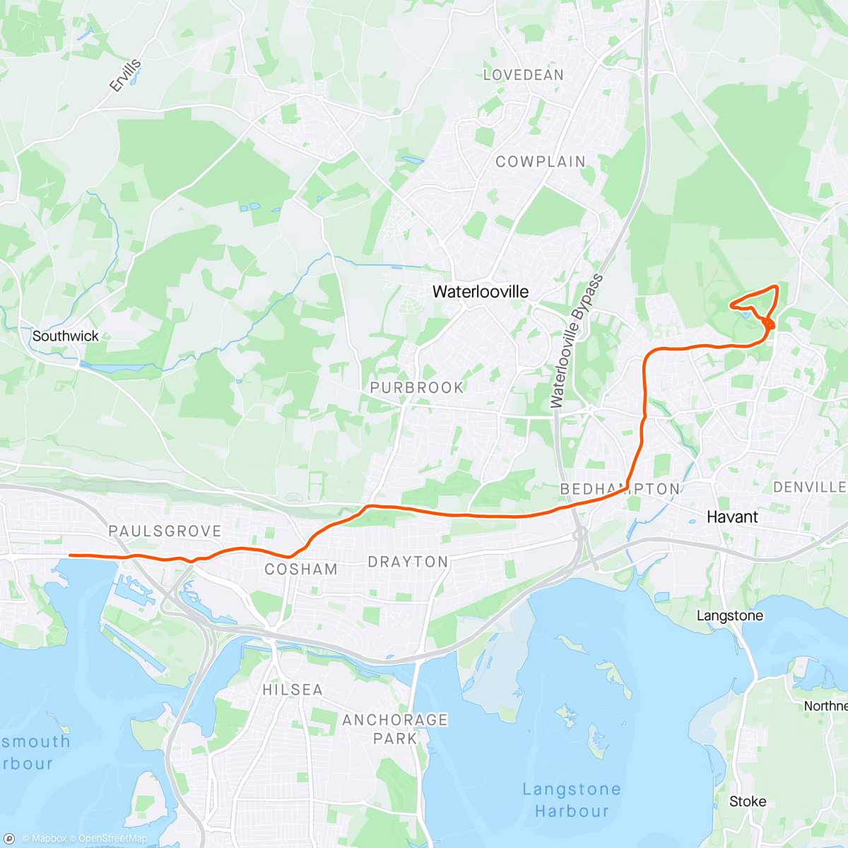 Mapa de la actividad, 12 miles with Havant parkrun at the end