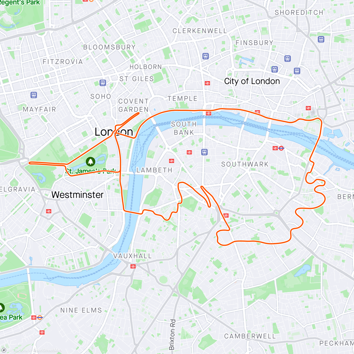 Map of the activity, Zwift - 3 blocks of 4 sets of 3min Threshold on London 8 in London