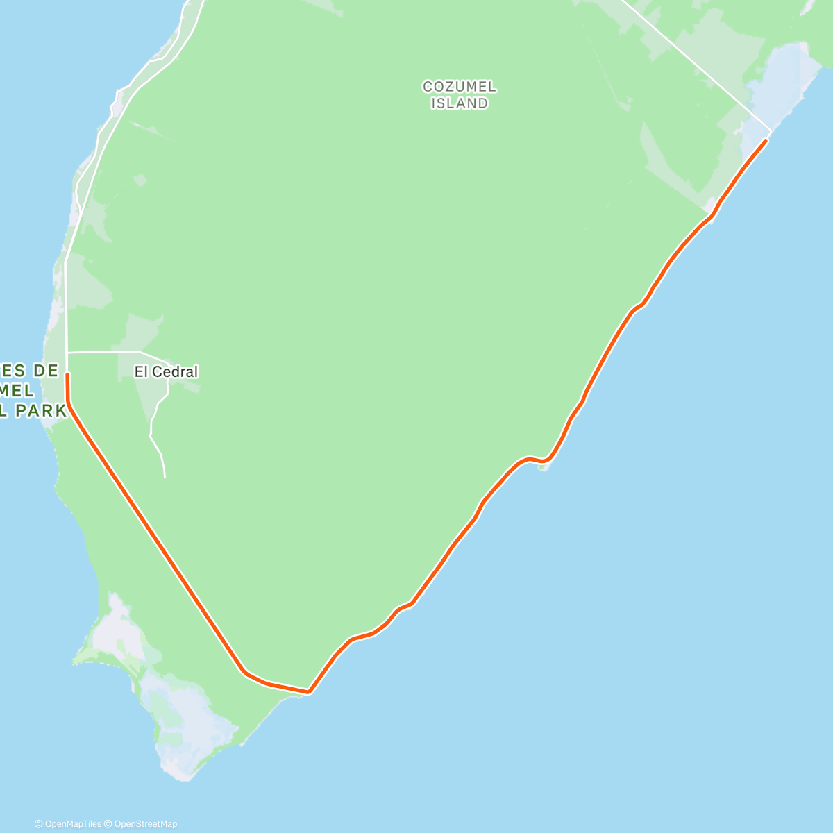 Map of the activity, Roeien, oefeningen en stukje fietsen, ROUVY - GFNY Cozumel 30km